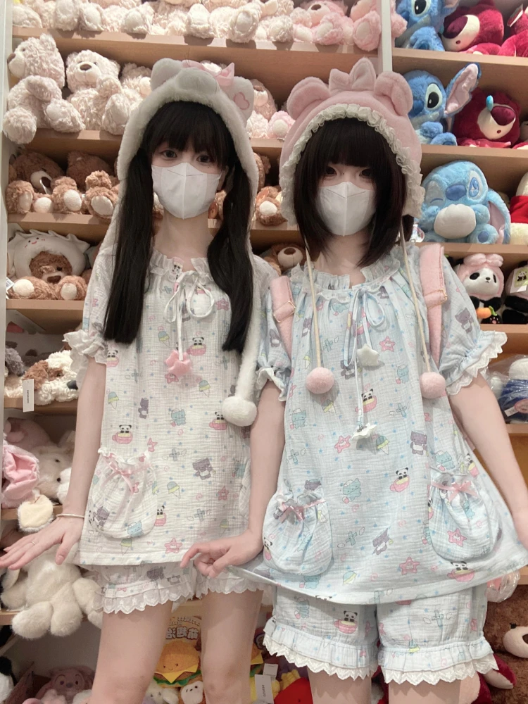 2025 Summer Japanese Original Pure Cotton Sweet Cute Cartoon Pajamas Skin-friendly and Breathable Outdoor Loungewear Pajamas Set