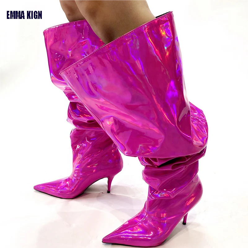 2023 New Autumn Fashion Women High Boot Pointed Toe Big Patent Leather High Heel Laser Boots Big Size 44  Knee High Boots