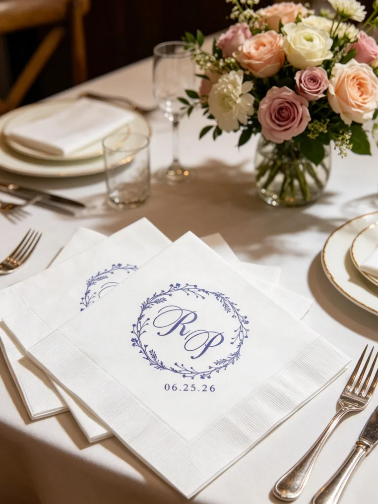 

Personalized Decorative Wreath Wedding Paper Napkins, Custom Printed Disposable Cocktail & Luncheon Dinner Guest Towels
