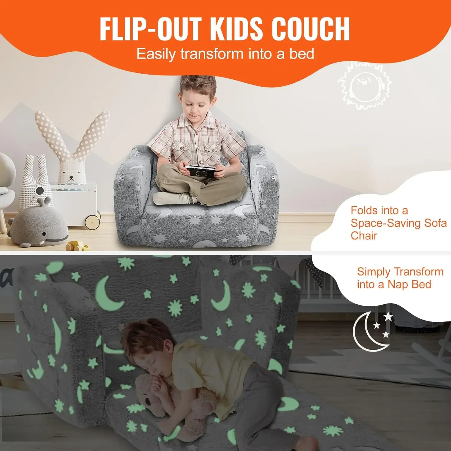 Fold-Out Kids Sofa, Glow-in-The-Dark Kids Couch Chair, 2-in-1 Children Convertible Sofa to Lounger