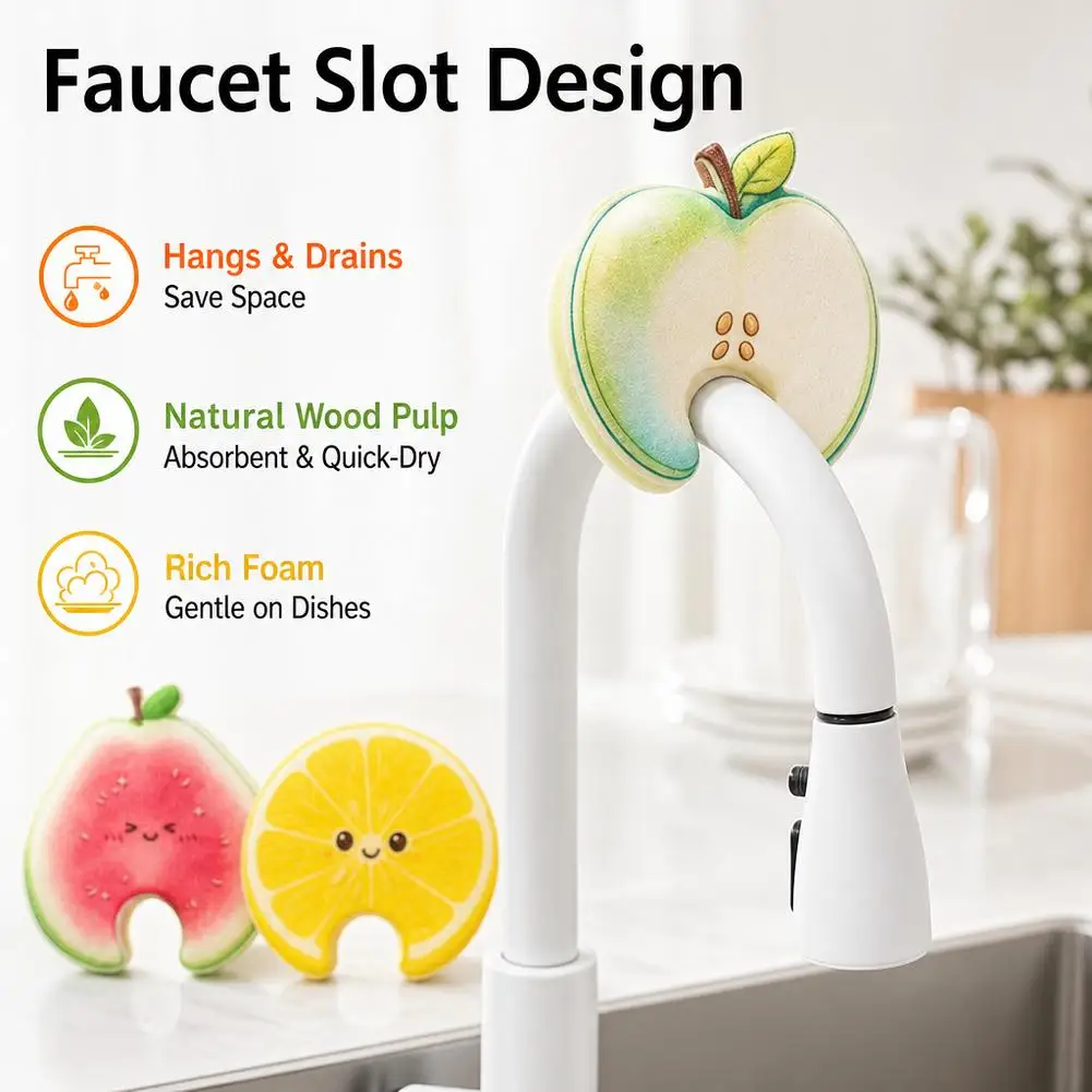 1/3Pcs Kitchen Dishwashing Sponge Faucet Hanging Fruit Design Absorbent Thickened Scrub Pad Quick-Drying Pot Cleaning Sponge