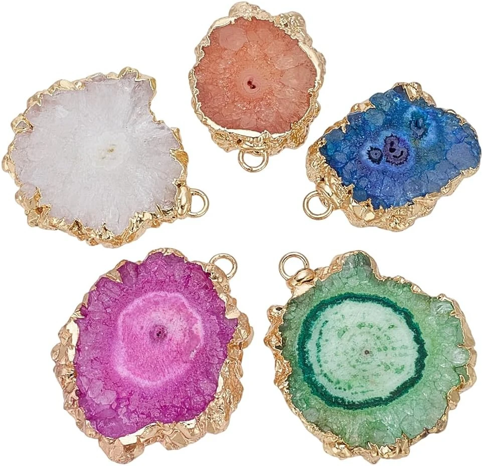 5Pcs Agate Druzy Pendant with Brass 5 Colors Golden Tone Edge Plated Dyed Irregular Druzy Geode Agate Stone with 2mm Hole