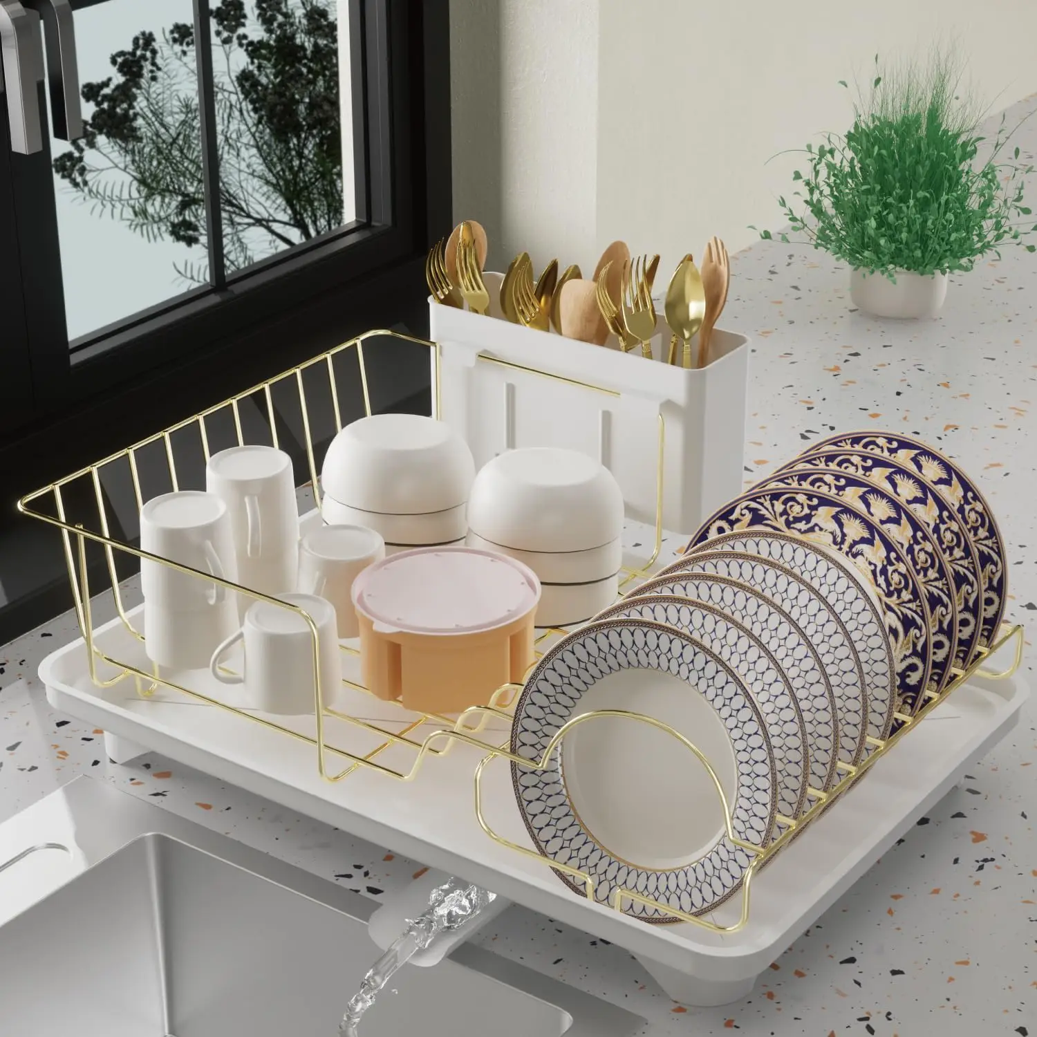 

Kitchen Dish Drying Rack, Large Gold Stainless Steel Drainer with Anti-Slip Feet & Removable Drain Board (White Tray)