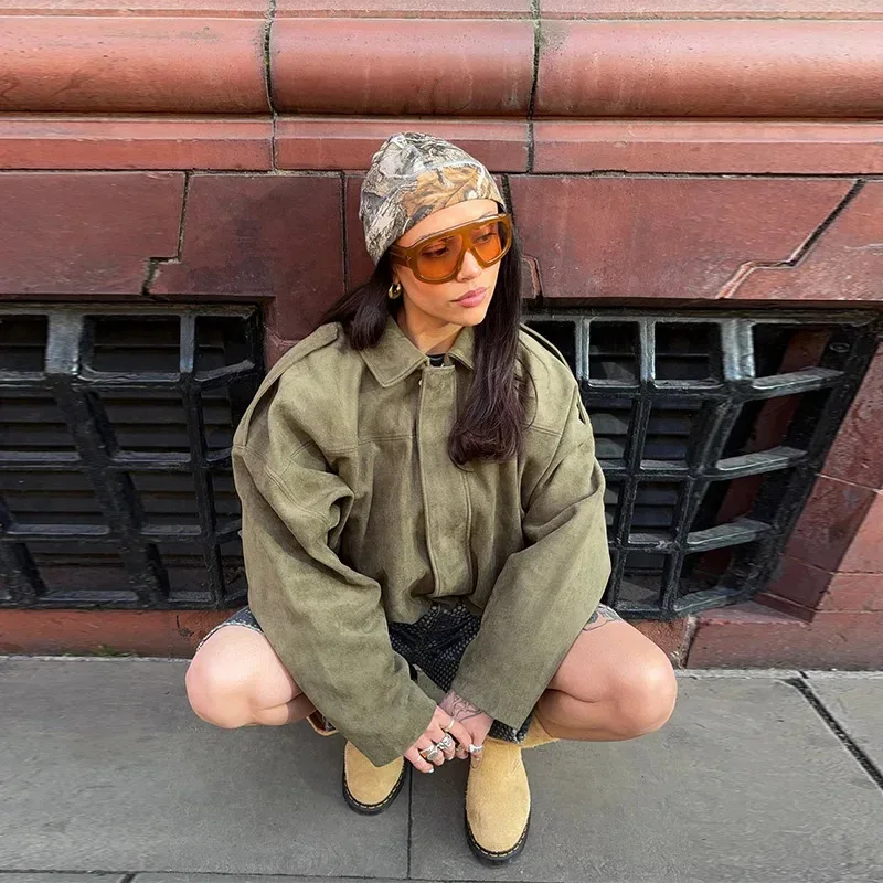 Women Faux Suede Bomber Jacket Lapel Collar Shoulder Strap Design Oversized Loose Long Sleeve Zip‑Up Hem Drawstring Casual Fall