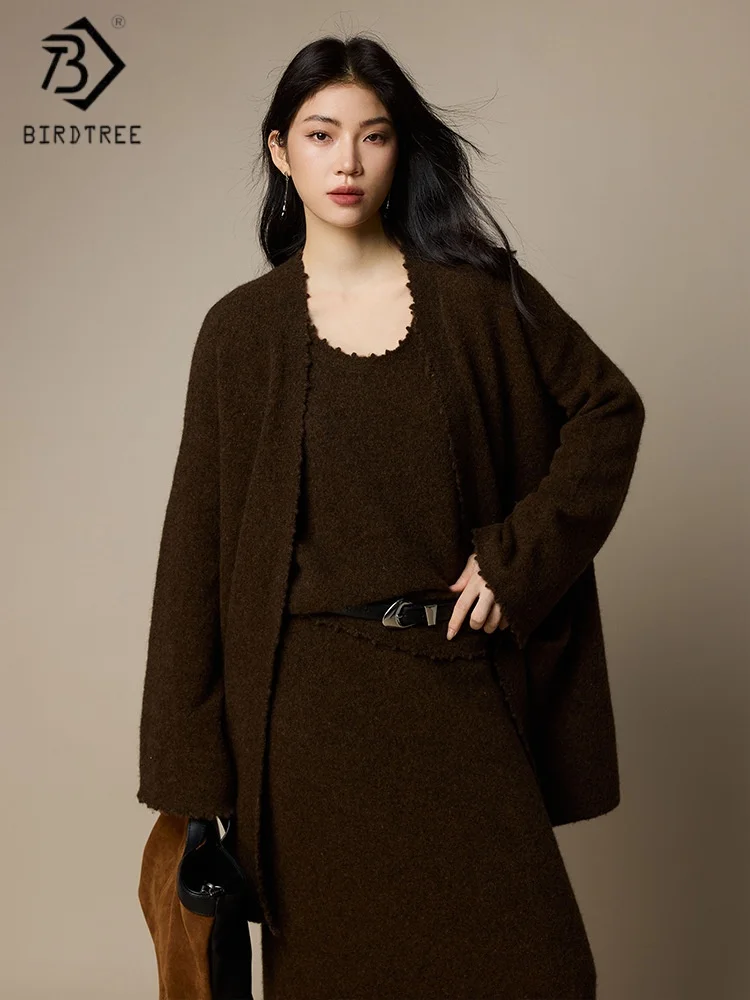 Birdtree, cárdigan de punto de mezcla de lana, chal elegante liso suelto para mujer, suéter de manga completa, abrigo informal de Otoño Invierno 2025 T5N201JF
