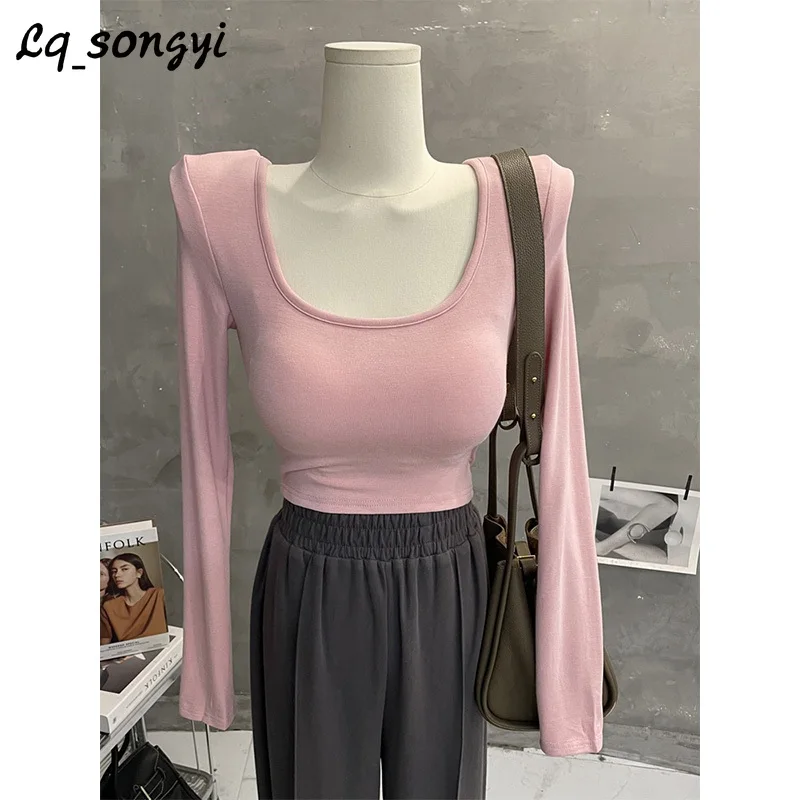 

Lq_songyi with Chest Pads ~ Shoulder Pads T Shirts Scoop Neck Slim Crop Top Women Spring Autumn Long Sleeve Solid Basic T Shirt