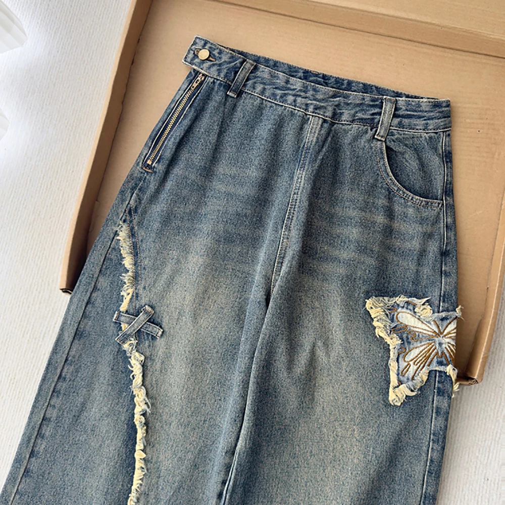 American Retro Butterfly Embroided Jeans for Ladies Women Spring Autumn Wide Leg Denim Pants Designed Side Zipper Full Trousers