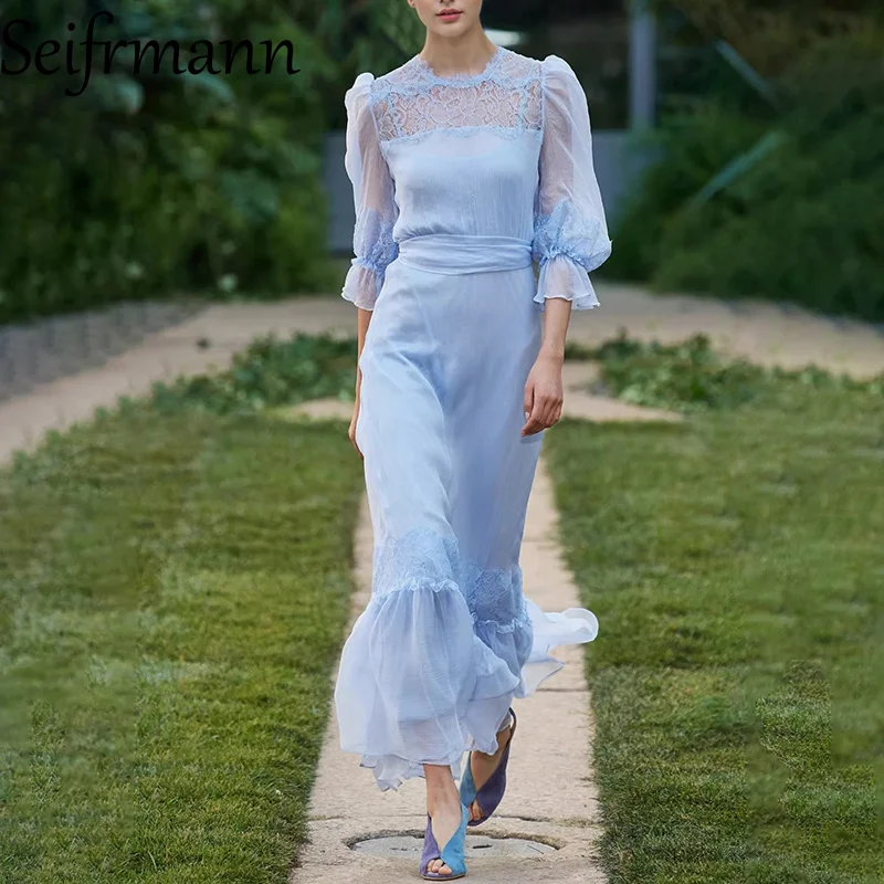 

Seifrmann 2026 Весеннее женское модное платье с круглым вырезом, рукавами 3/4 и сетчатыми вставками, подчеркивающее талию