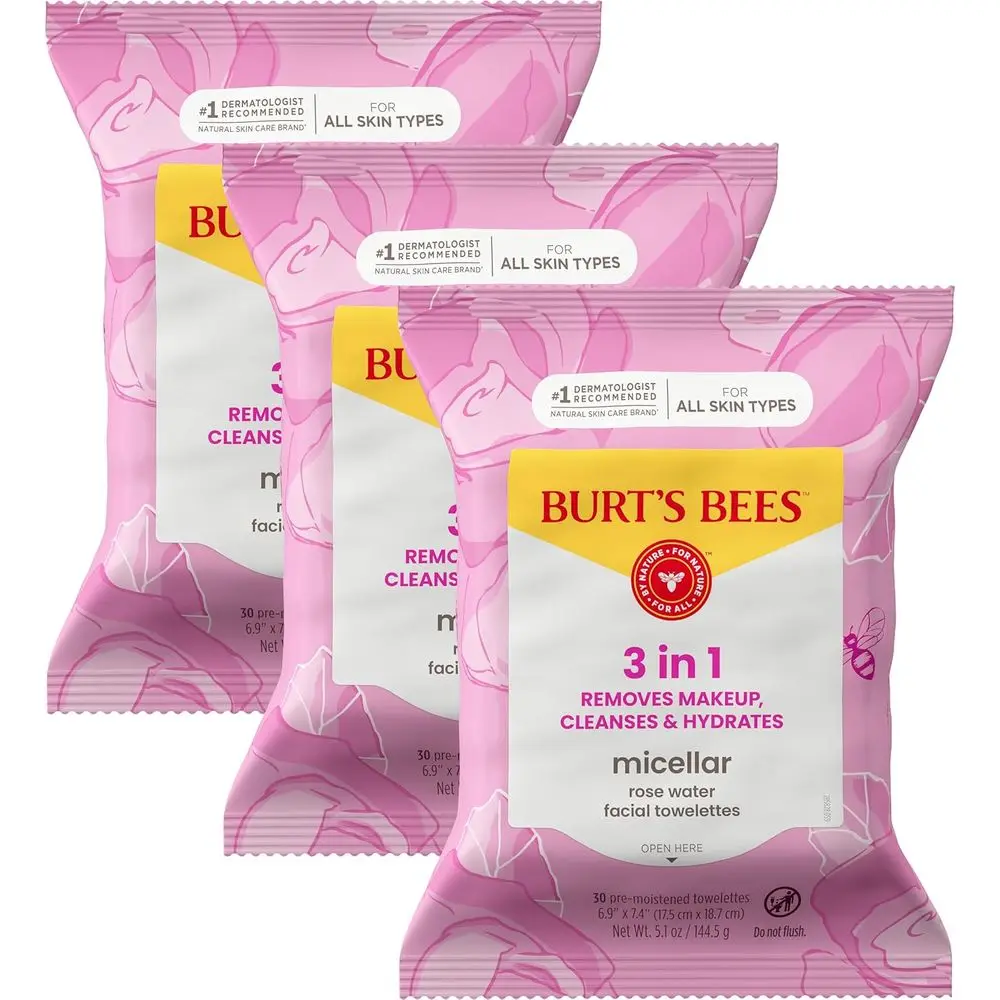 Toallitas Faciales de Agua de Rosas Micelar a Base de Plantas, 99% Naturales, 30 Unidades, Paquete de 3