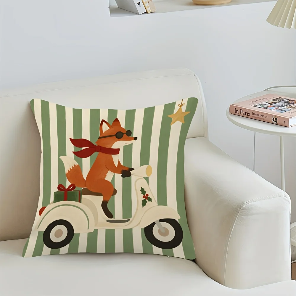 Cute Fox Riding Scooter Holiday Christmas Seasonal Throw Pillow Cushion for Sofa Decor Gift