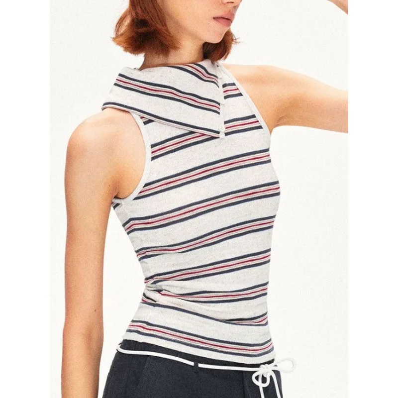 American Retro Striped Lapel Contrasting Vest Top Feminine Temperament Summer Slim Fit Sleeveless Hanging Neck T-shirt Ins Goth
