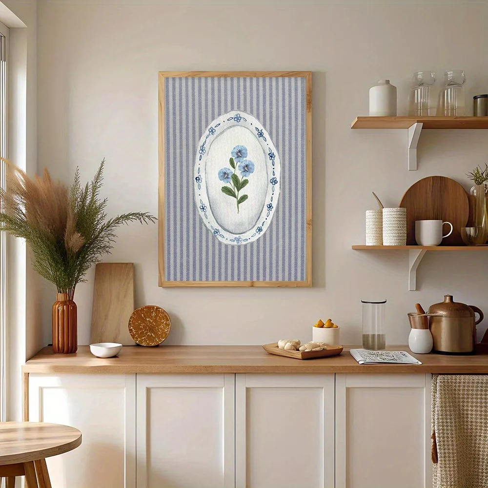 2D Flat, 2D Flat, 1pc Unframed Vintage Plate Wall Art Decor, Blue Flowers Canvas Print Wall Posters, Watercolorwork Poster, D