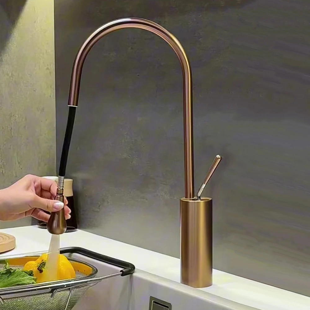 

Golden Color Kitchen Mixer Tap Mixer Water Cold & Hot Stainless Steel Material Body Hose Pulling Down