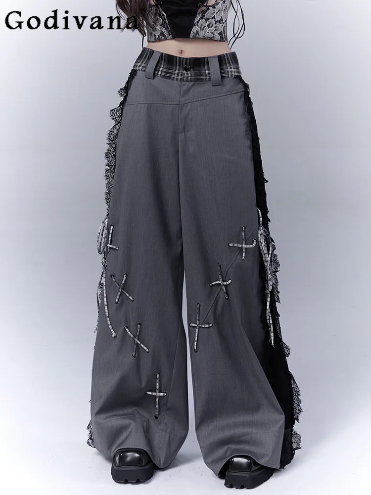 Chic Hollow Elegant Lace Splicing Lace-up Leisure Dark Gray Trousers Spring Summer Girls Simple Street Versatile Wide-leg Pants