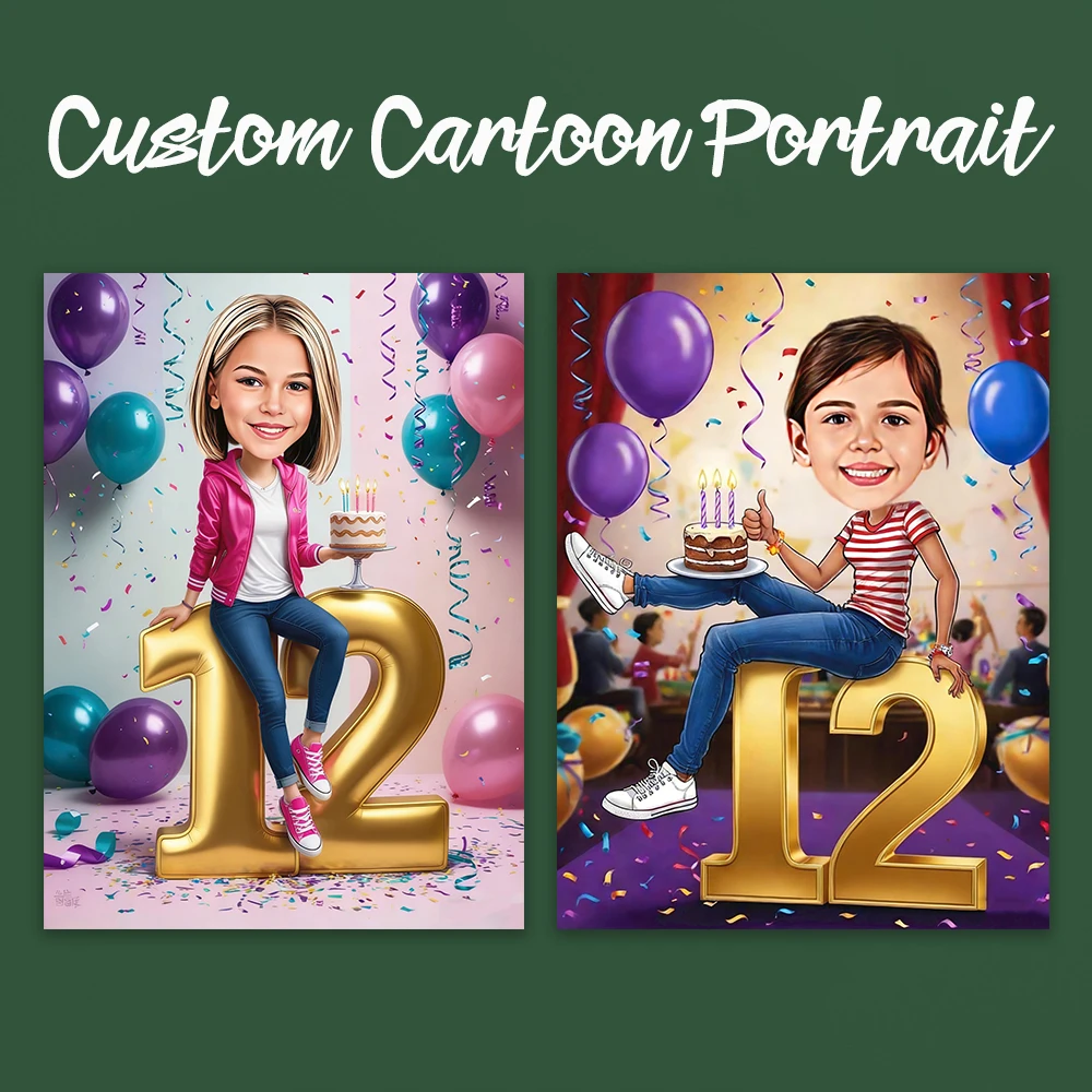 

Custom 12th Girl Cartoon Portrait Poster 9th Birthday Caricature Prints Birthday Cartoon Canvas Painting Personalized Gifts