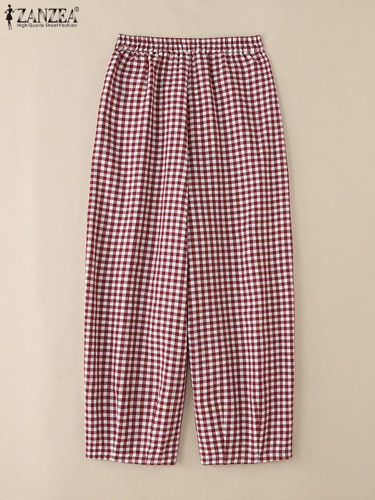 ZANZEA 2025 กางเกงลายสก๊อตผู้หญิงแฟชั่นโคมไฟกางเกงลําลองหลวมยาวกางเกงฤดูร้อนกระเป๋าเอวยางยืดกางเกงขนาดใหญ่