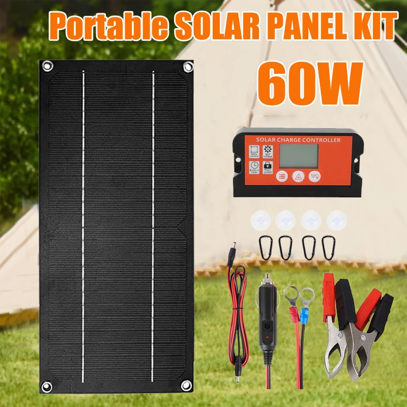 60-W-Solarpanel-Kit, komplette monokristalline 18-V-Solarzelle mit Controller-Ladegerät für Outdoor-Camping, Klettern, Landwirtschaft