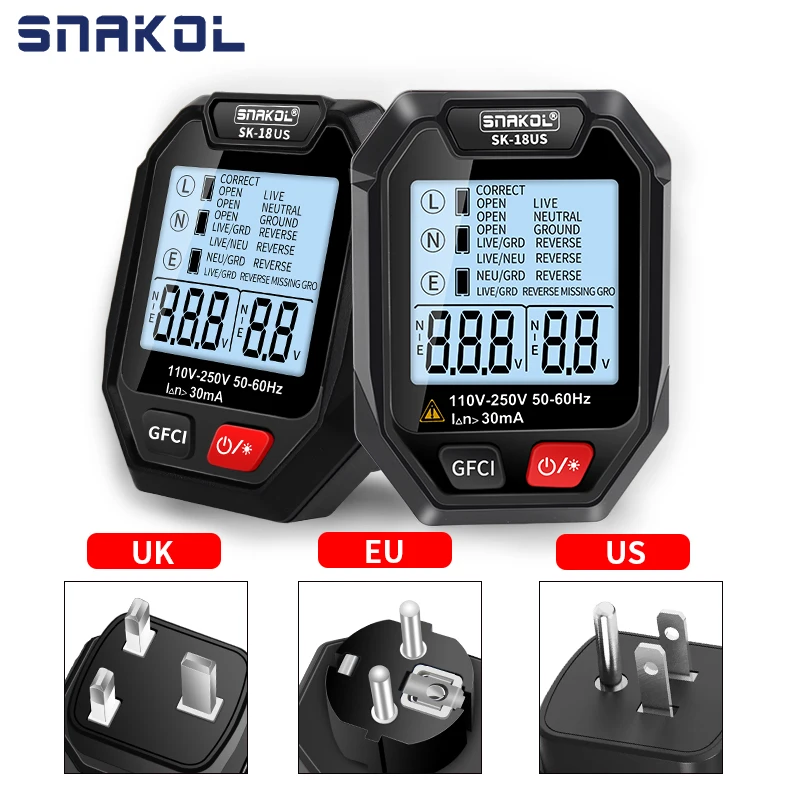 SNAKOL Outlet Socket Tester Digital Plug AC Voltage Detect 30mA RCD Test Polarity Phase Check Circuit Checker Bicolor Backlight