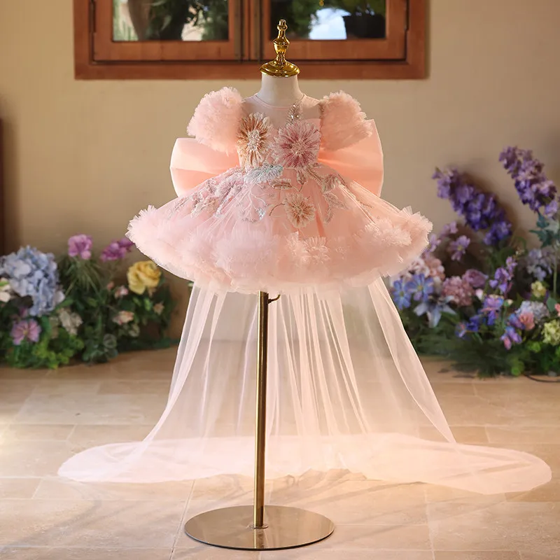 KLFLGD Light luxury and elegant girl's pink birthday party dress flower girl wedding dress wedding dress dress ball pageant baby
