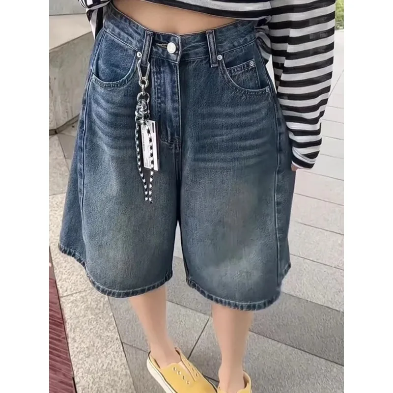 Girl Retro Wide Leg Shorts Summer Unisex Blue Denim Cropped Pants Women's Calf-length Jeans Female High Waist Capris Pants
