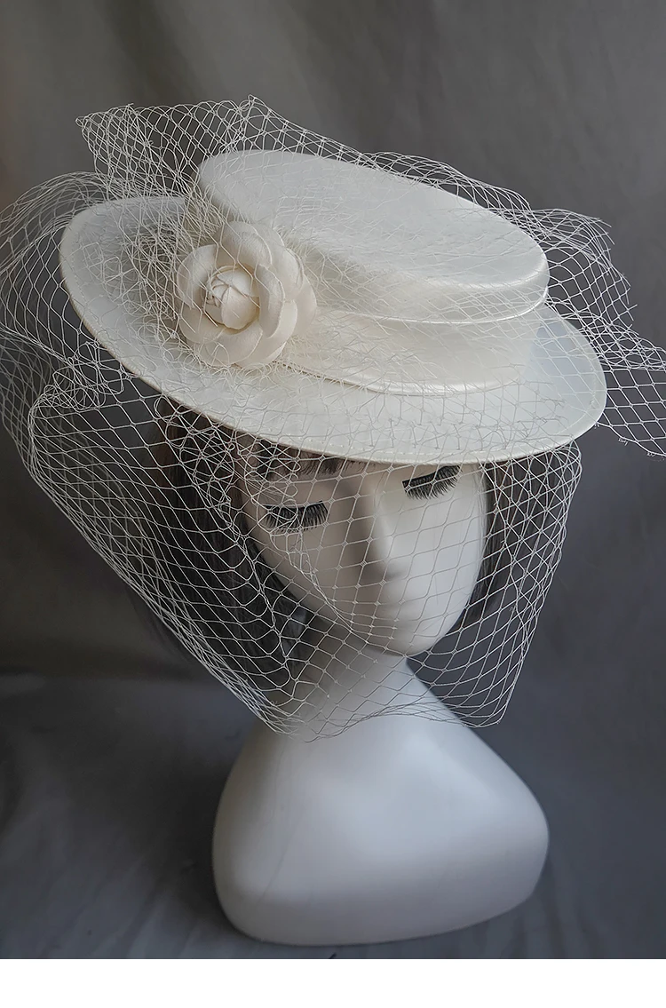 French Style Audrey Hepburn Black Camellia Veil Hat Vintage British Flat Top Flower Mesh Cap for Women Wedding Party