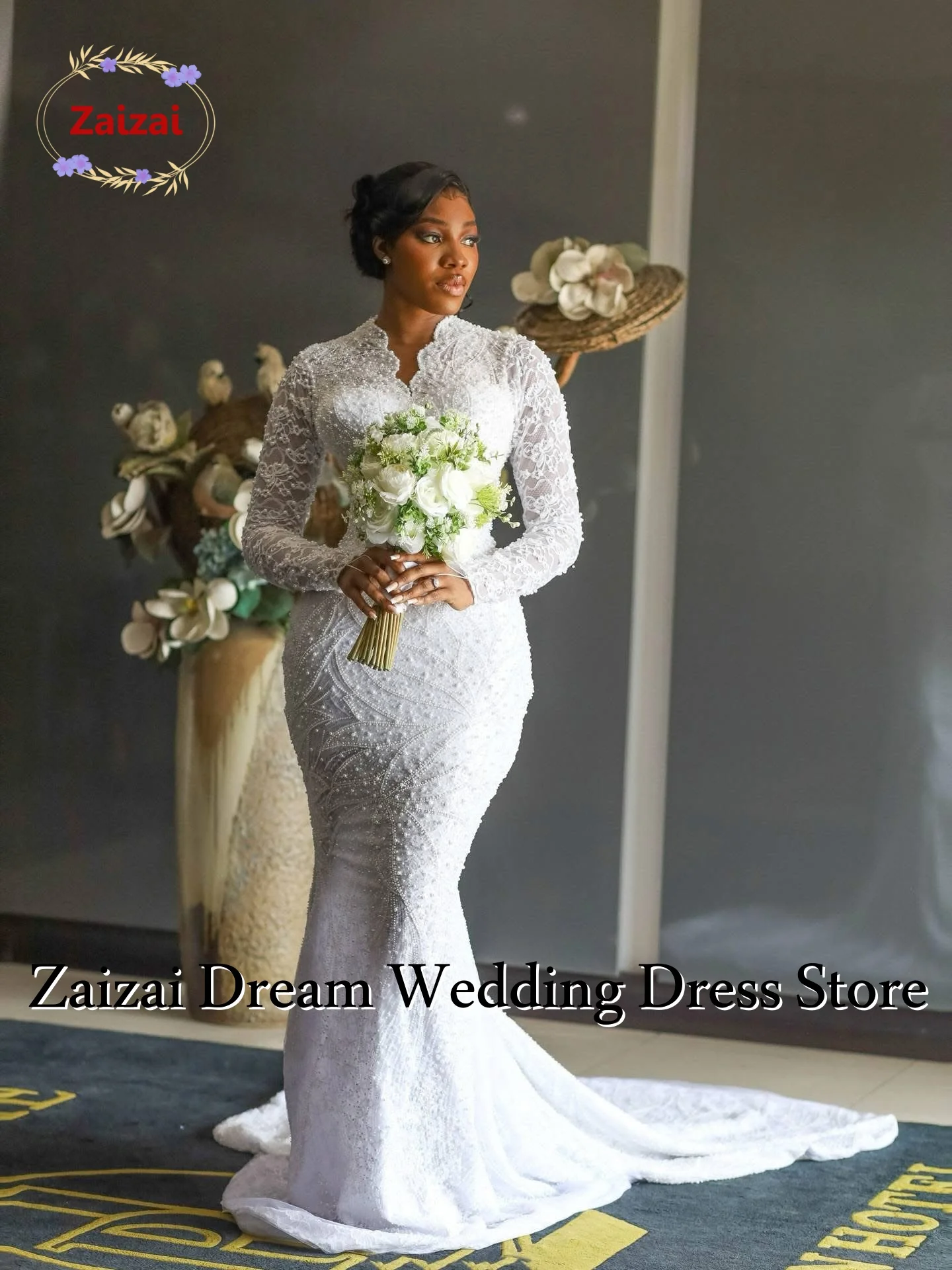 

Customized Plus Size White Mermaid Wedding Dresses Crystals Beaded Lace Full Sleeves Vintage Bridal Gowns Dress Vestido De Novia