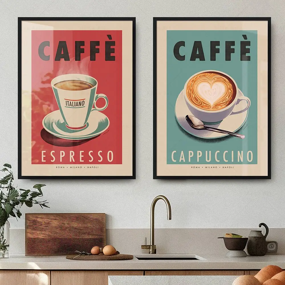 Italian Espresso Coffee Cafe Cappuccino Wall Art Canvas Painting Retro Kitchen Poster Prints Wall Picture Cafe Living Room Decor