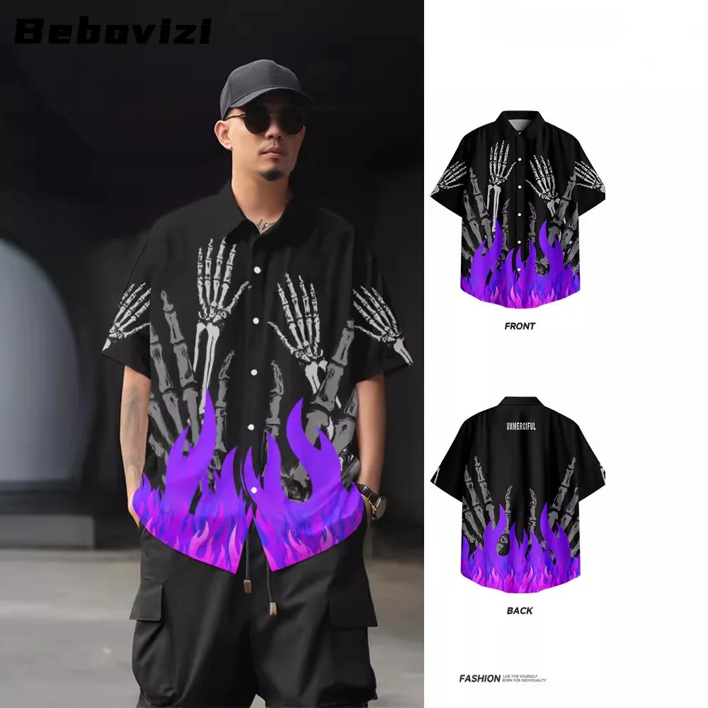 

Hip Hop Skeleton Flame Print Streetwear Oversized Hawaiian Shirt 2024 Men Beach Short Sleeve Harajuku Aloha Shirt Camisa