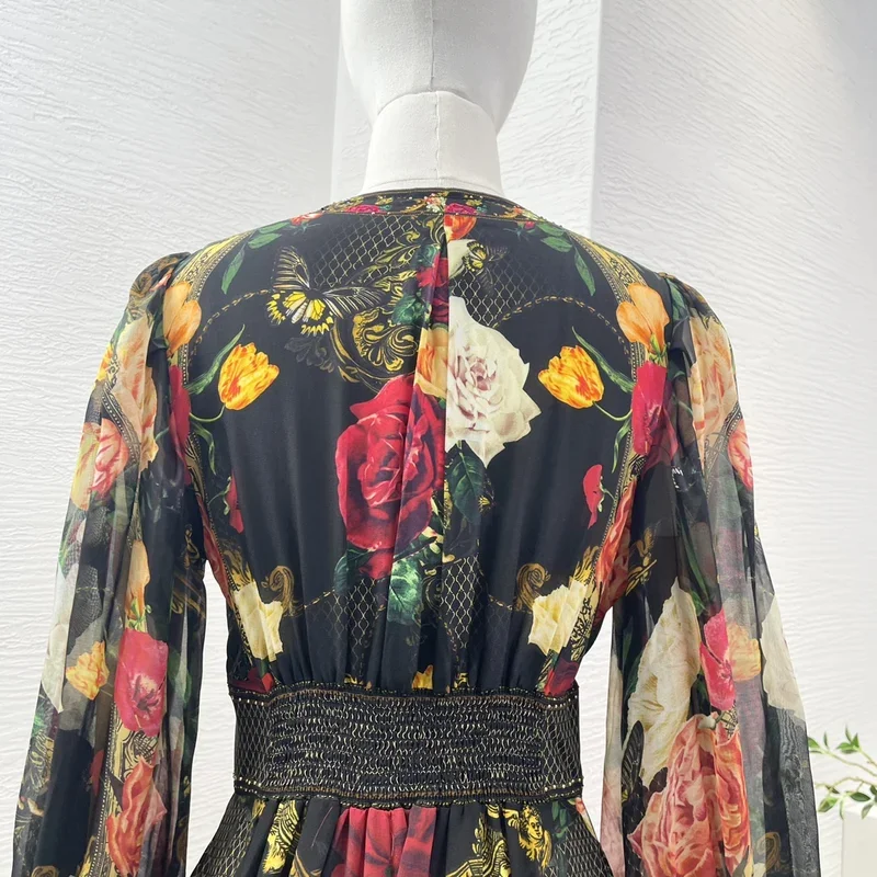 Black Summer Holiday 2024 New High Quality Pure Silk Flower Print Full Sleeve Deep V-neck Diamonds Shirred Women Midi Dress