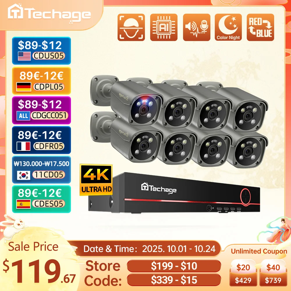 Techage kit pengawasan kamera, H.265 8CH 5MP 8MP 4K POE sistem AI warna penuh penglihatan malam deteksi wajah Video CCTV keamanan