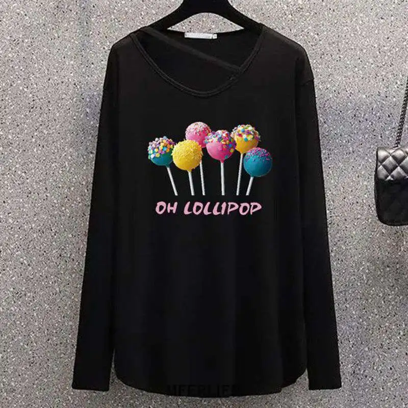 T-shirt à manches longues et col rond pour femme, streetwear décontracté, grande taille 6XL, 150kg, dessin animé, automne