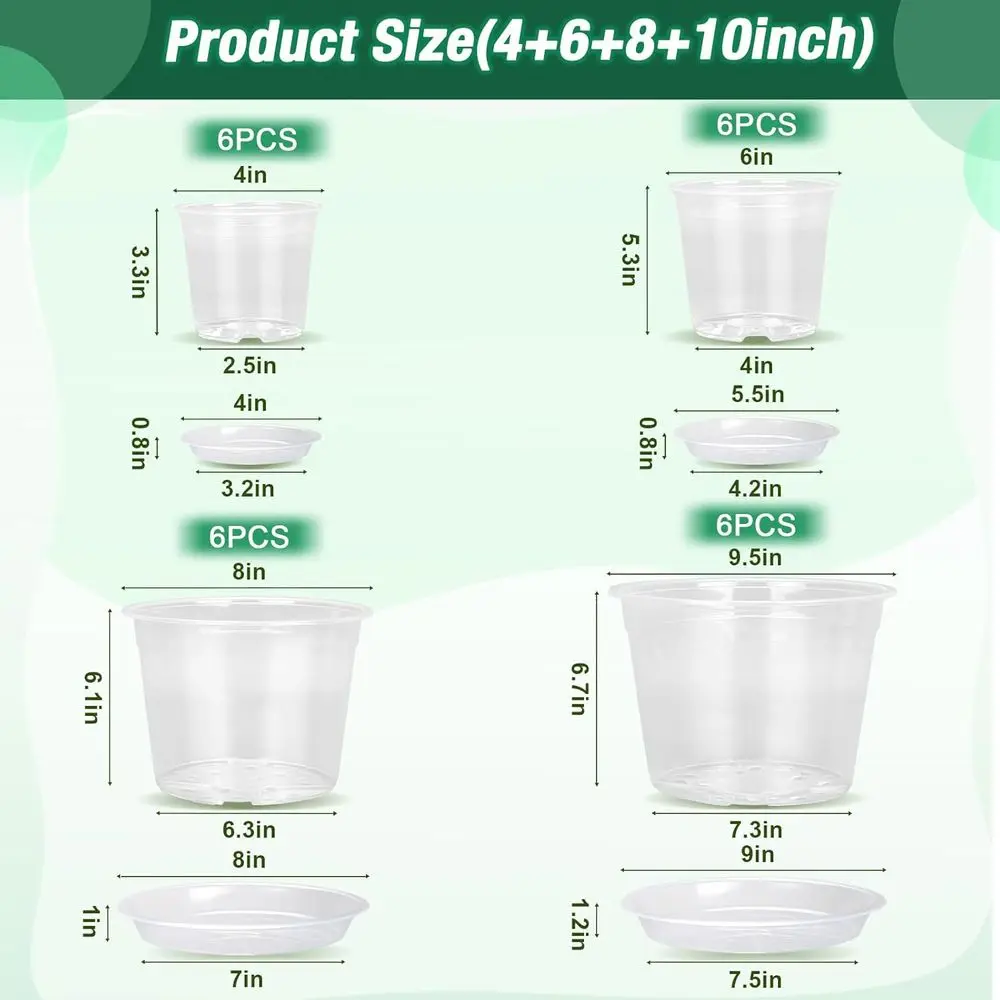 24-Pack Clear Nursery Pots, 4-10 Inch Sizes with Drainage and Saucers, Ideal for Orchids and Indoor/Outdoor Plants