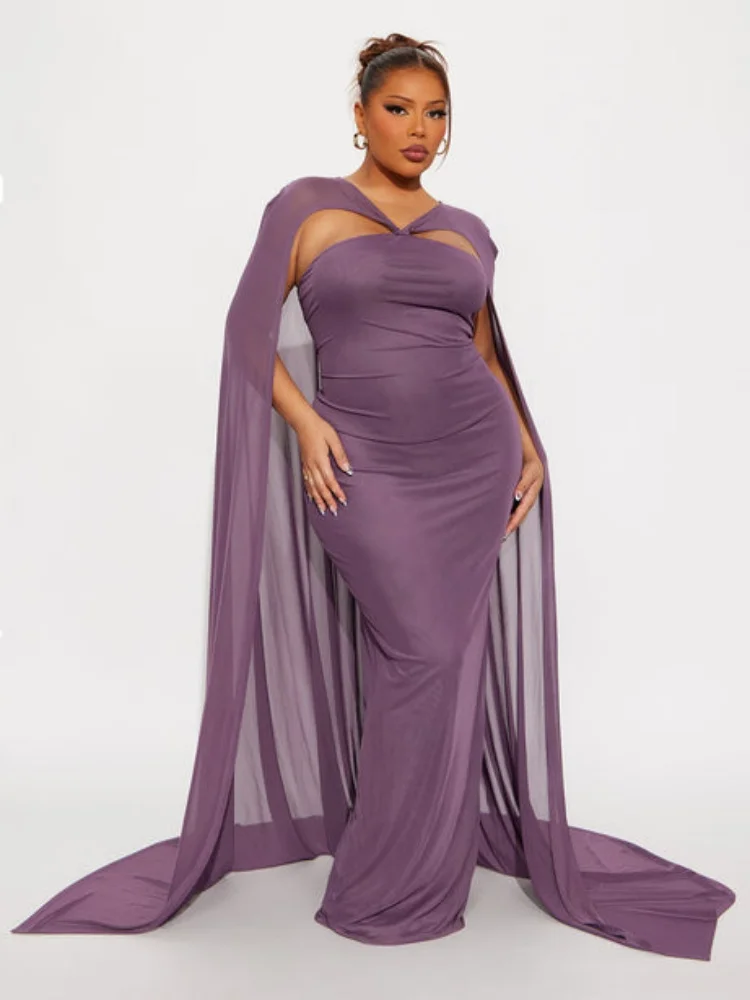 

Plus-Size Women Customized Long Purple Party Evening Dresses with Cape A-Line Pleated Floor Length Formal Wedding Prom Dress