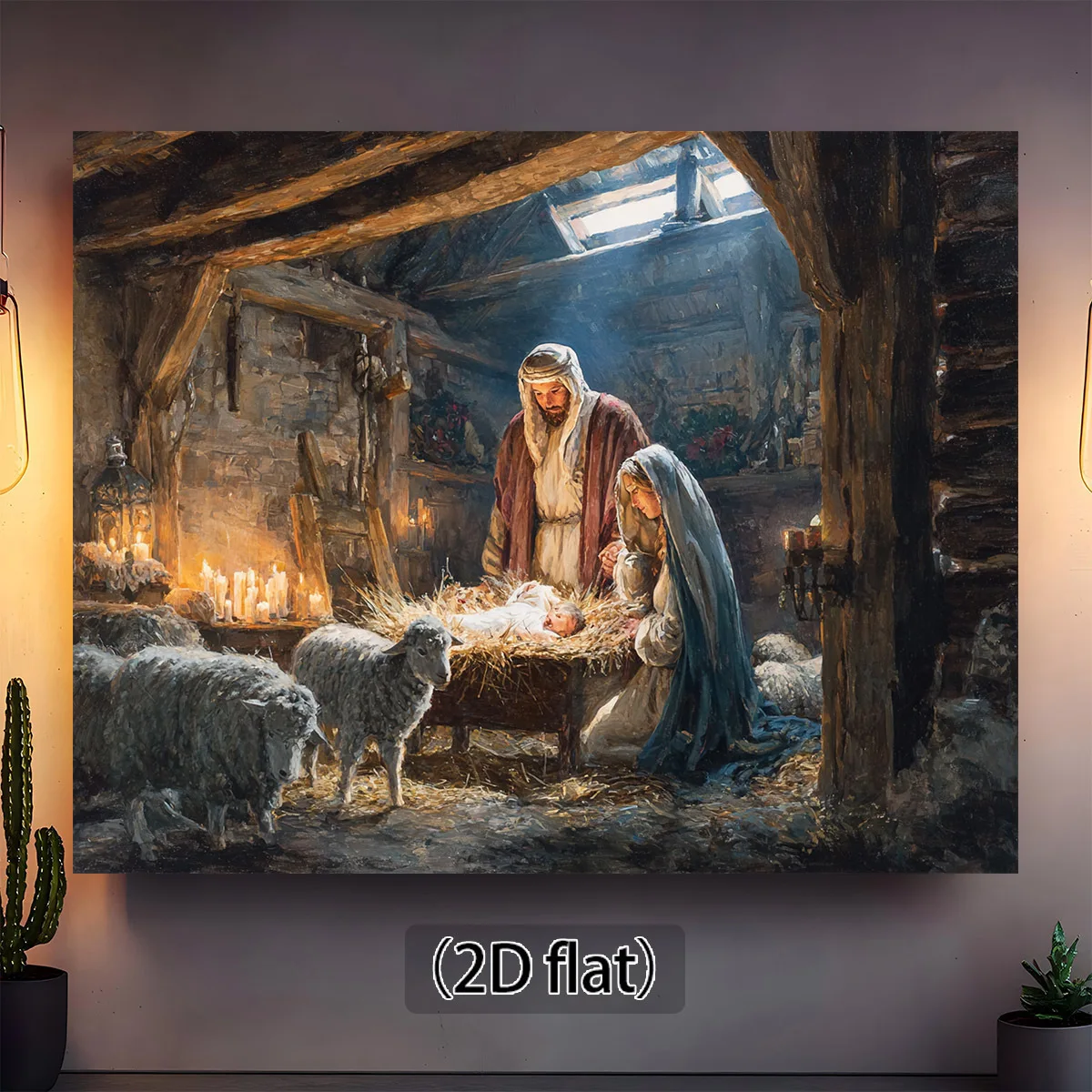 Der Hintergrund der Krippenstufe mit Krippe, Schaf und Scheune – Weihnachtsdekorationen, Kerzen und weichen Effekten