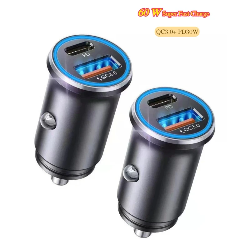 

Max 60W Aluminum Alloy Dual-Port 30W PD Fast Charging Car Charger QC3.0 Super Fast Charging USB car Cigarette Lighter Adapter