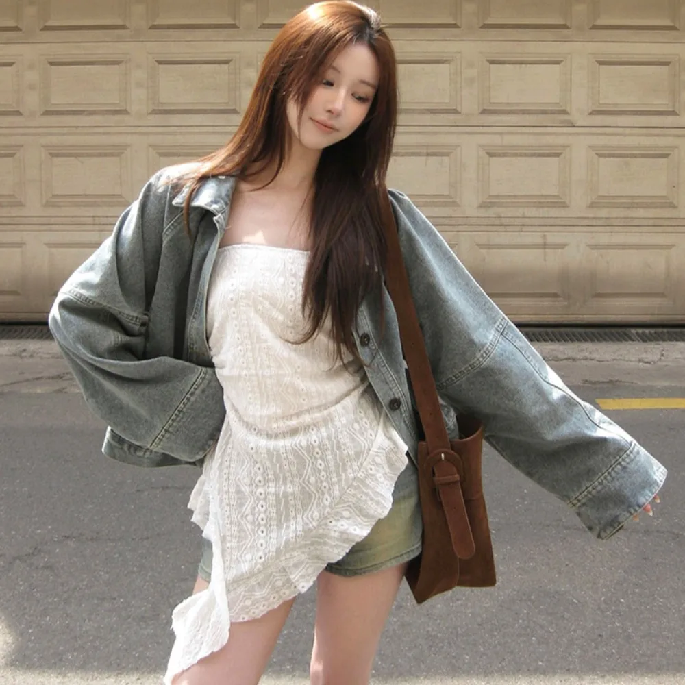 Retro Style Blue Plaid Splicing Long Sleeve Denim Jacket Women's Small Size Collar Casual Jacket Autumn Chic Casual Women's Coat