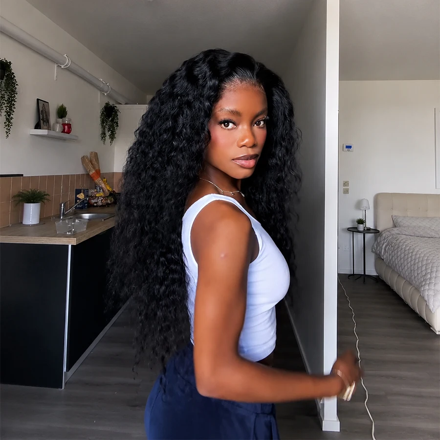 Natural Black 13x6 13x4 HD Transparent Lace Front Human Hair Wigs 180-220% Density Curly Deep Wave Human Hair Wig 40 Inch #1B Wigs For Natural Look Human Hair Wigs For Women Deep Wave Brazilian Pre-Plucked Prebleached Black Wig Promotional Sale