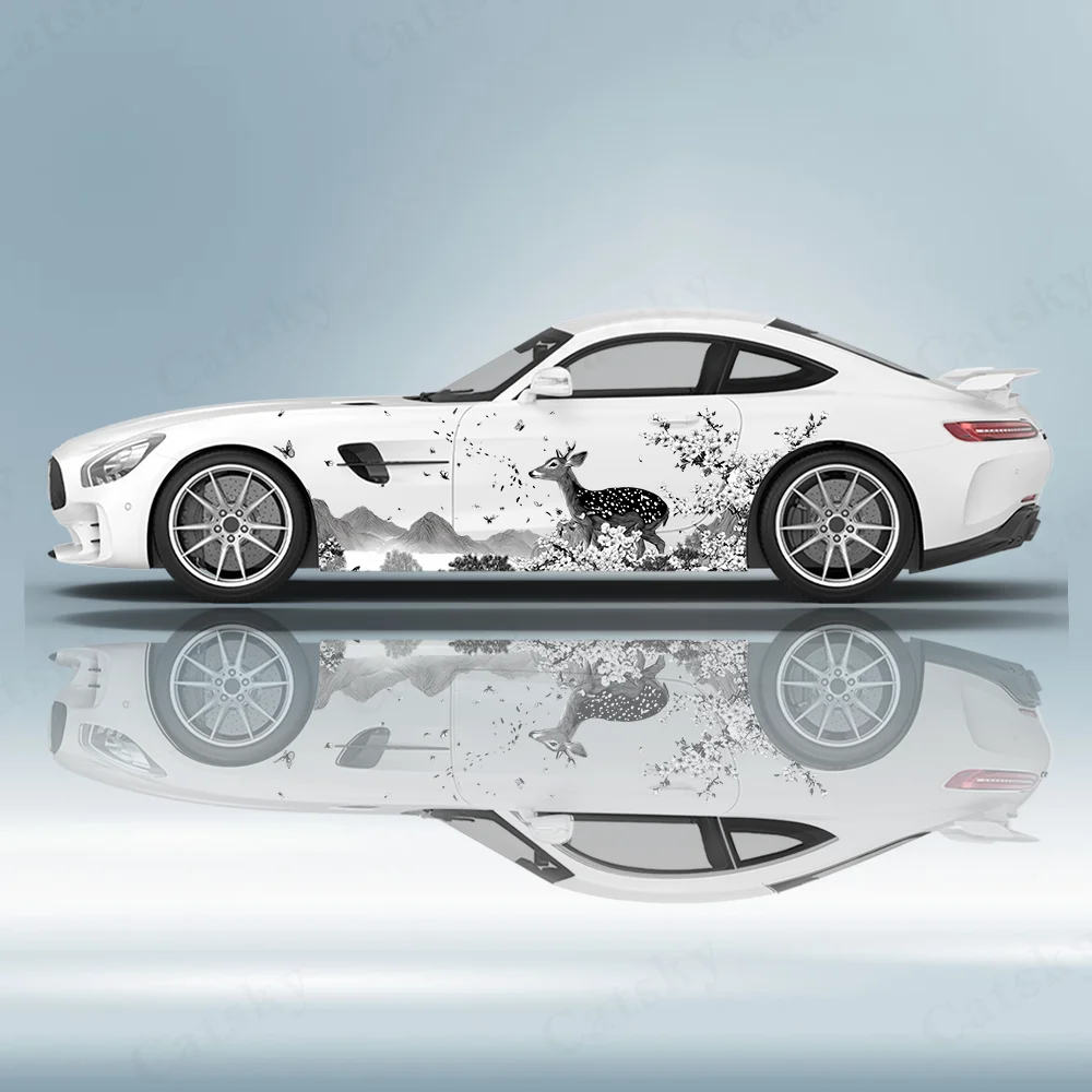 

Ink Wash Deer Flower Car Vinyl Wraps Decal Self-adhesive PVC Sticker Suitable for Trucks SUV Decoration Auto Accessories Gift