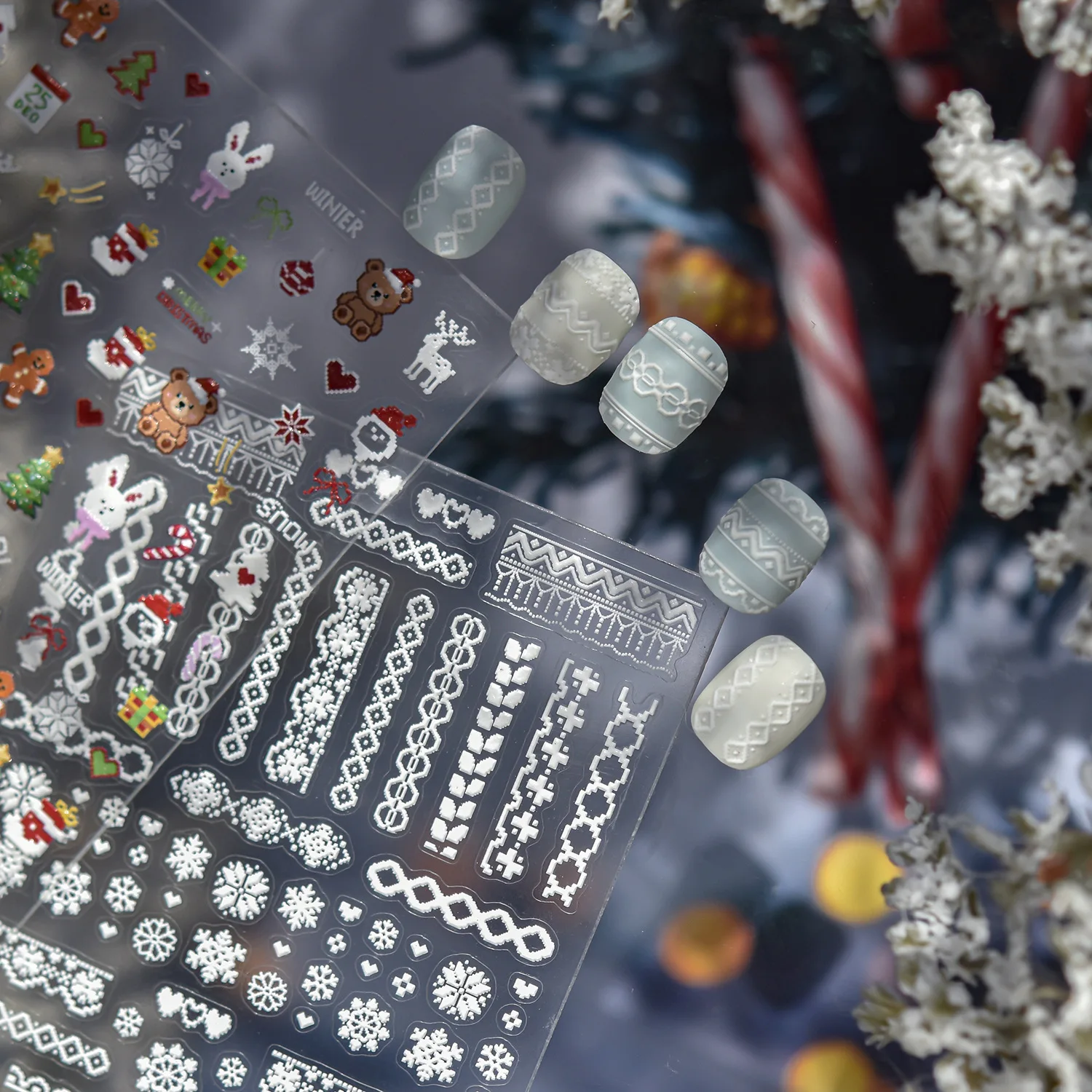 5D Embossed Merry Christmas Tree Deer Bear Snowflake Sweater Texture Lace Pattern Nail Stickers Decals Manicure Winter Charms