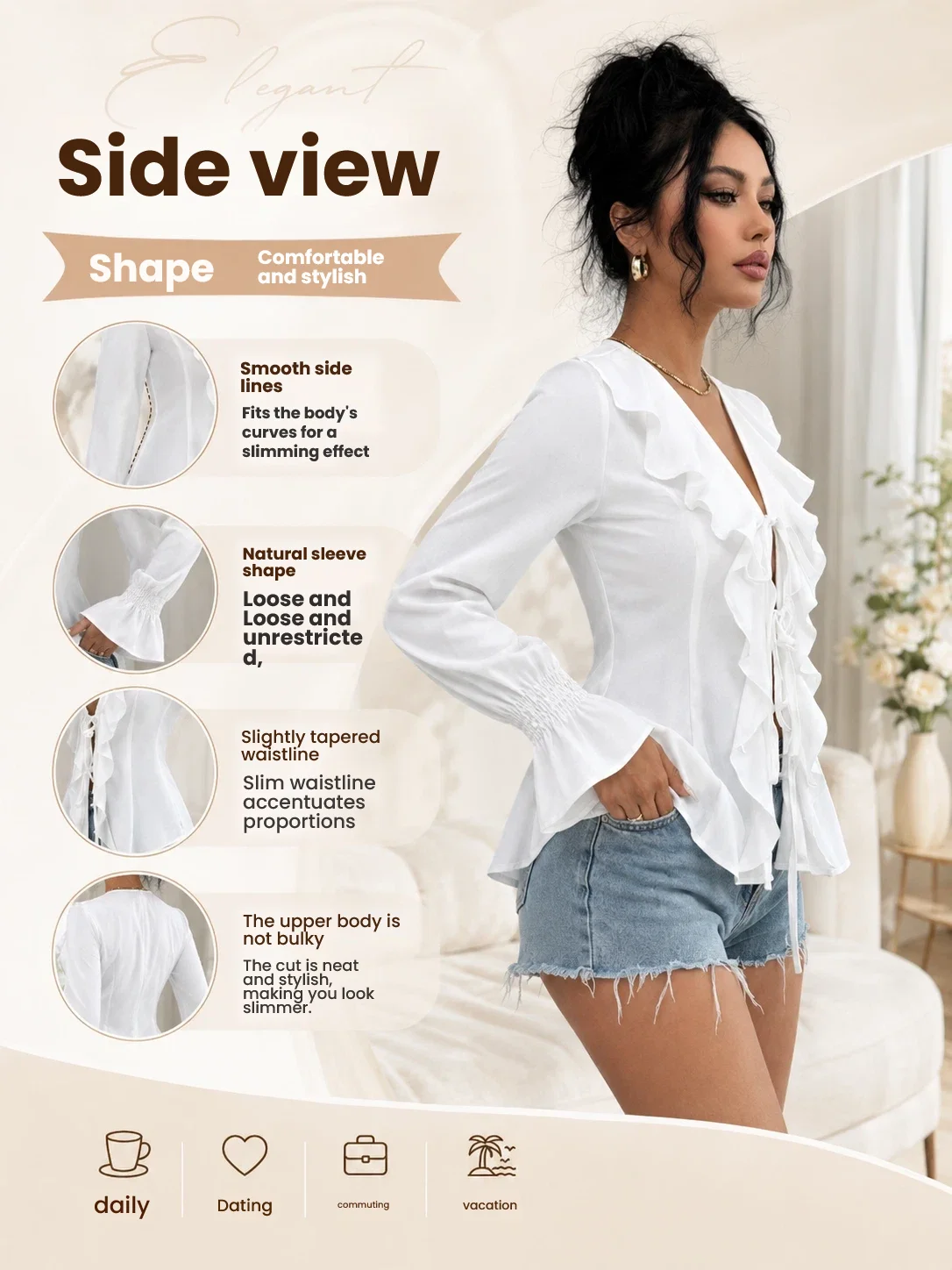 Y2K Women Ruffled Tie Front Shirt Elegant Deep V Neck Flared Long Sleeve Loose Fit Cardigan Cute Casual Daily Blouse - view 5