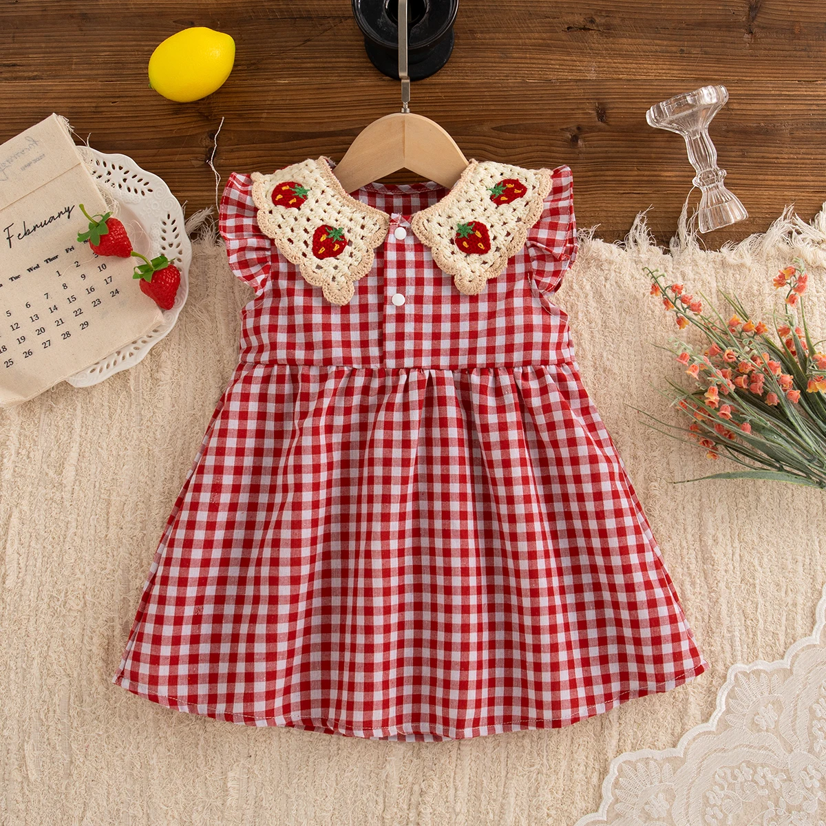 Summer Strawberry Embroidery Lapel Plaid Casual Toddler Dress Fashion Holiday Sweet Lovely Sleeveless Baby Girl Clothes