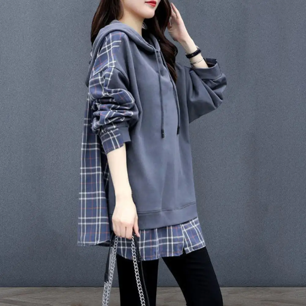 Women Spring Hoodie Fake Two-piece Hoodie Plaid Print Hoodie with Drawstring Mid Length Pullover for Women Wear School Sport Top