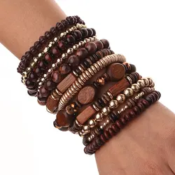 12pcs Retro Bracelet Set Wood Beaded Golden Handmade Bracelet Jewelry Accessories for Women