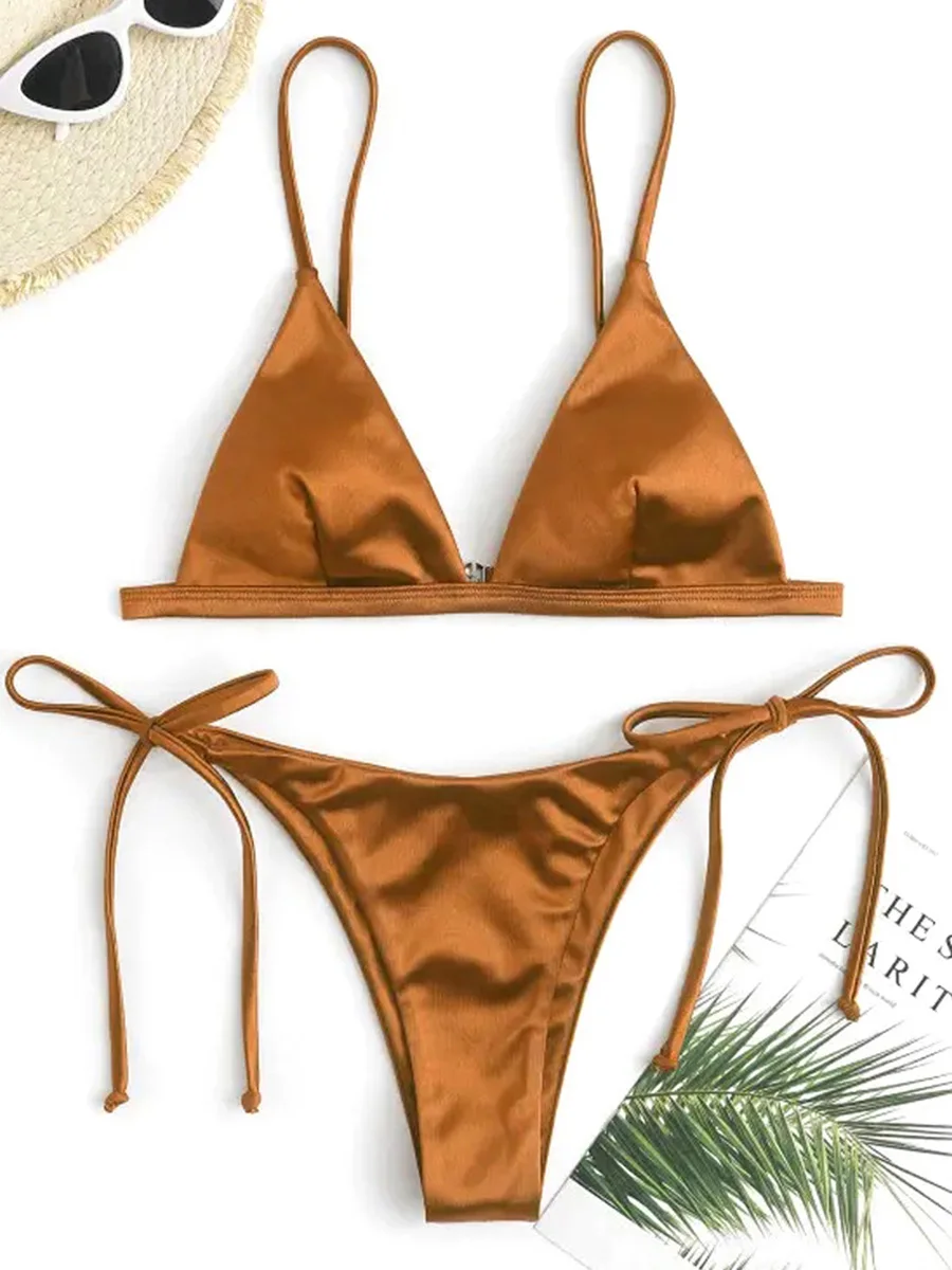 

2025 Metallic Satin Bikinis High Cut Brazilian Bikini Women Swimwear Female Swimsuit Two-pieces Bikini Set Bathing Suit Swim