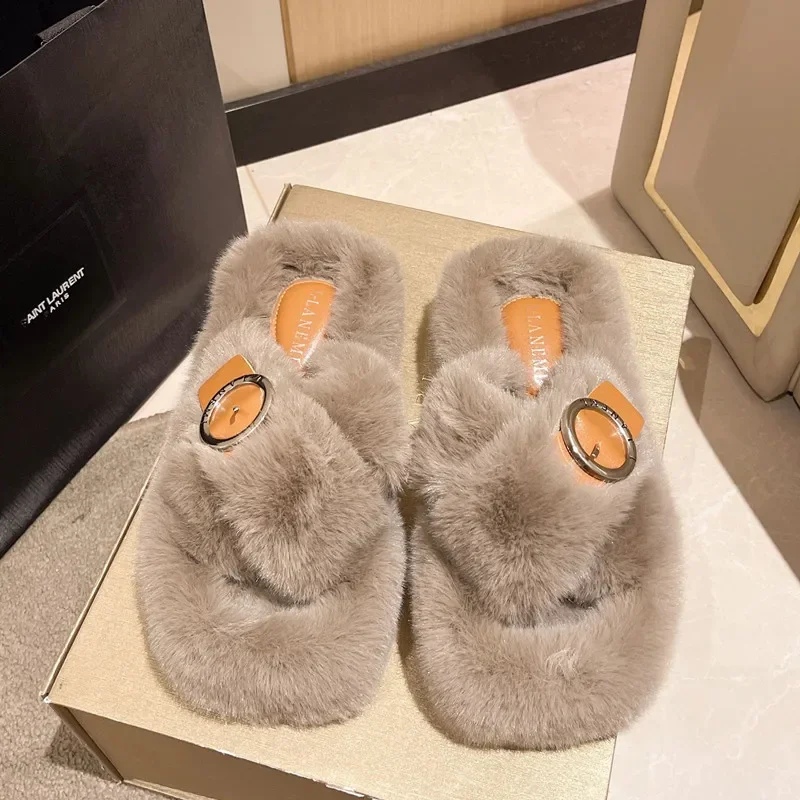 Winter Slippers Women Flip Flops Fashion Cross Fluffy Fur Slipper Home Slides Woman Buckle Thick Sole Flat Indoor Slippers