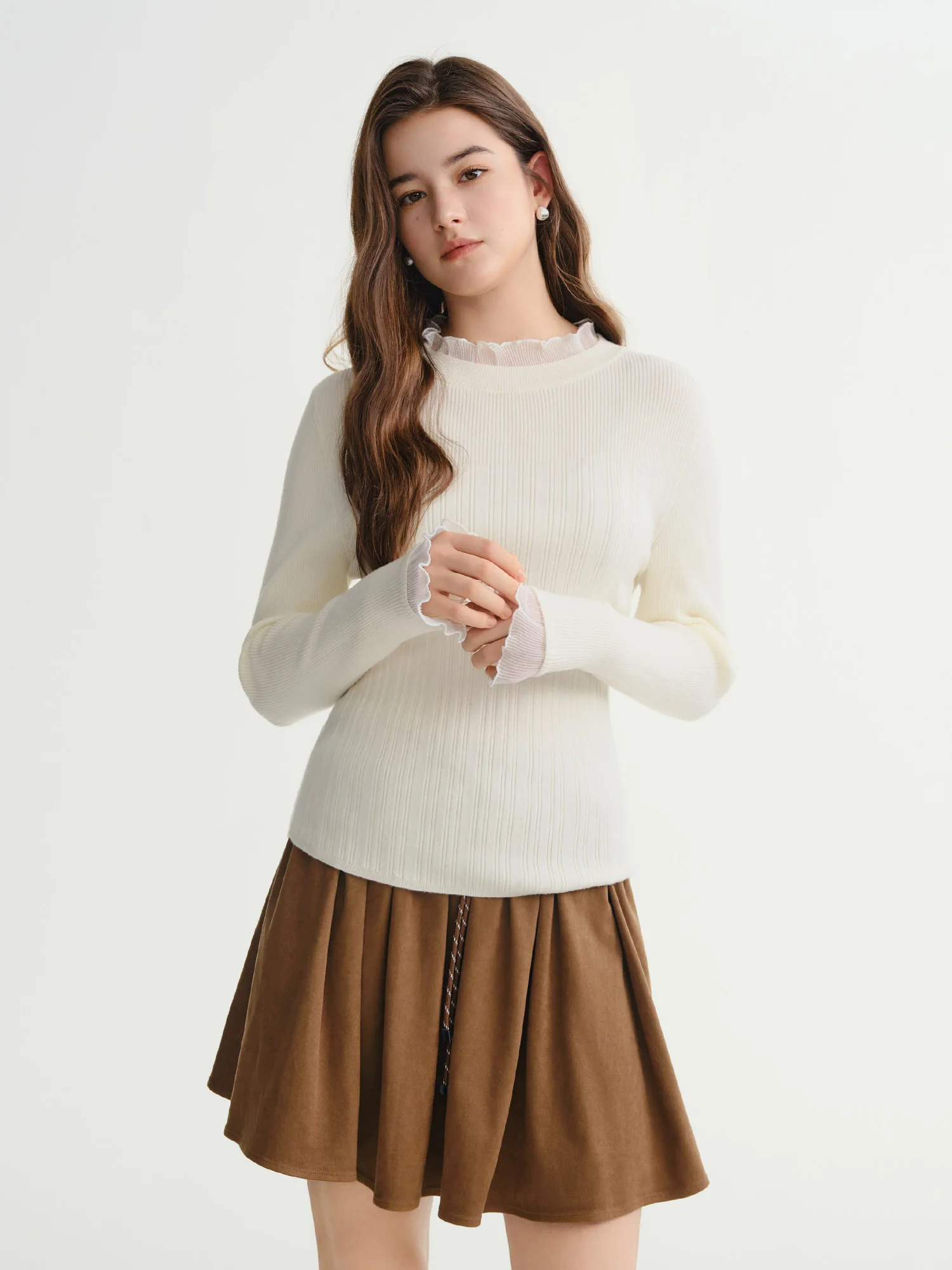 DUSHU Plus Size Women's Lace Ruffle Collar Slim Fit Knitted Top 2025 Winter Semi Turtleneck Base Layer Shirt for Daily Wear