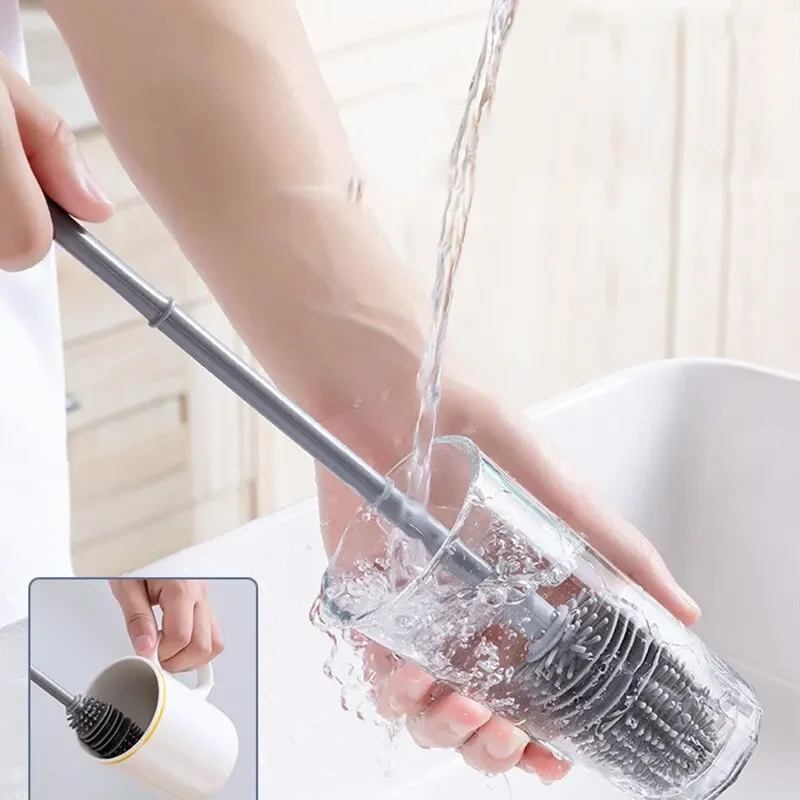 Cepillo para botellas, cepillo de limpieza de silicona de mango largo sin puntos muertos para lavar vasos aislantes, herramientas de limpieza multifuncionales para el hogar