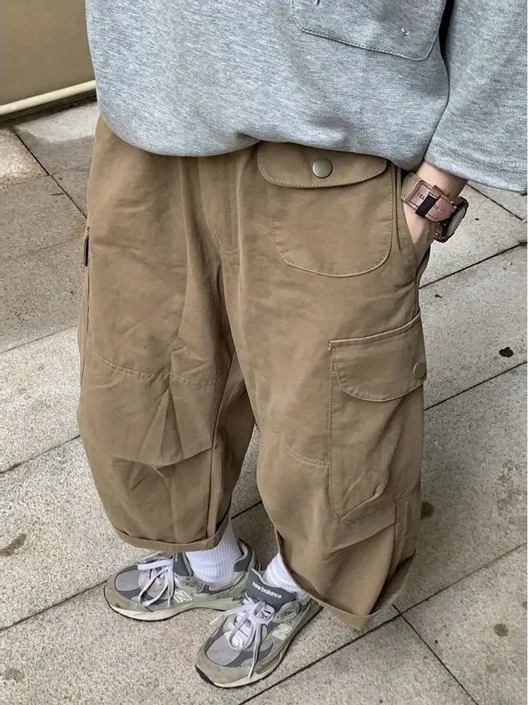 

Рабочие брюки из чистого хлопка с завышенной талией в стиле ретро, свободные повседневные прямые брюки с широкими штанинами на семь футов для мужчин и женщин