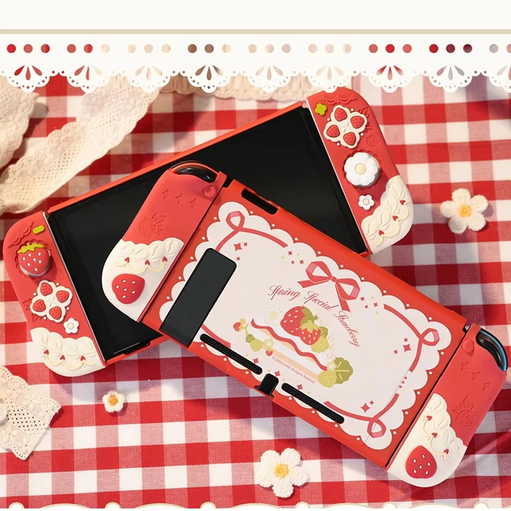 Geekshare Spring Strawberry Protecive Case for Nintendo Switch / OLED / Switch 2 – Cute PC Hard Shell and Silicone Joycon Cover