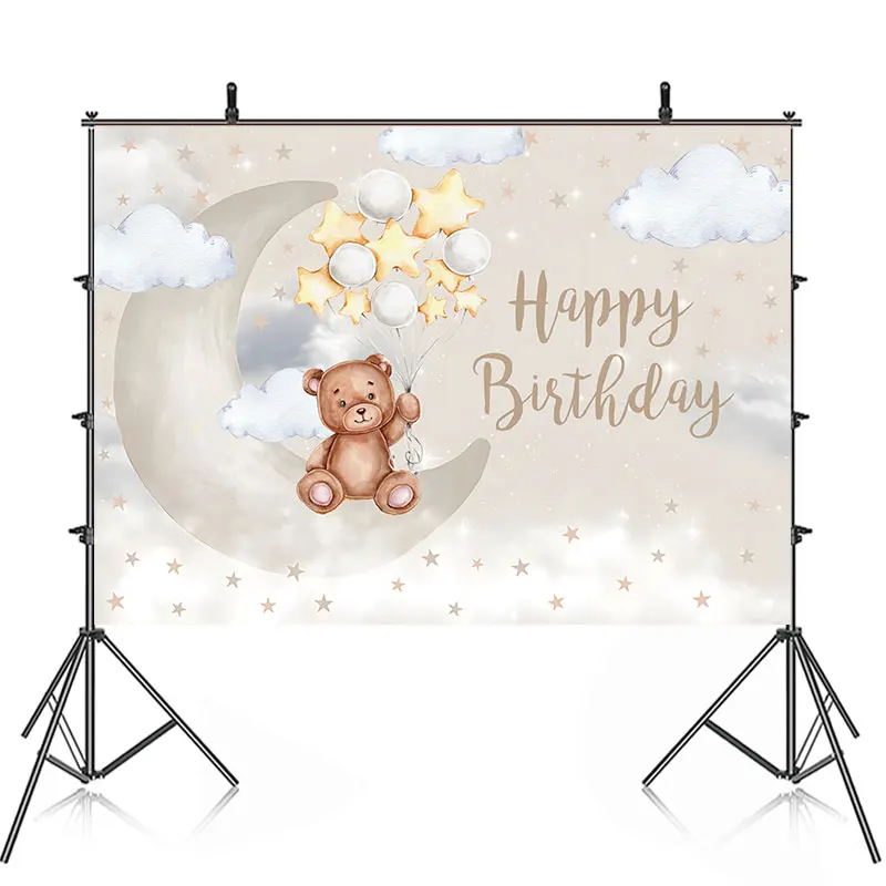 Happy Christening Baptism Birthday Party Backdrop Photography Baby Shower For Cute Bear Twinkle Background Banner Custom Text